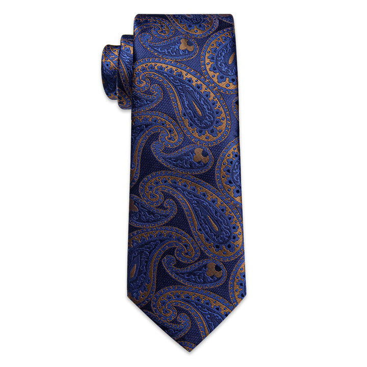 Dark Blue Tie Brown Jacquard Paisley Tie Hanky Cufflink Set