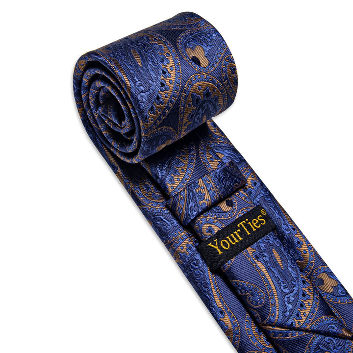 Dark Blue Tie Brown Jacquard Paisley Tie Hanky Cufflink Set