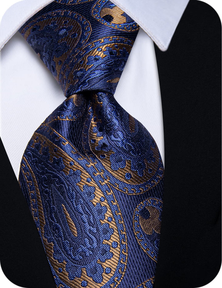 Dark Blue Ties Brown Paisley Tie Flower Brooch Set with Clip