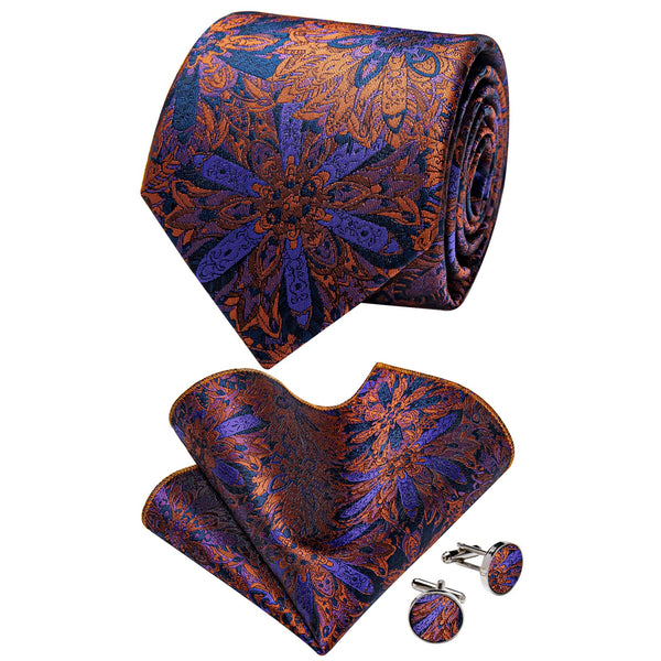 Orange Ties Purple Floral Necktie Flower Brooch Set with Clip