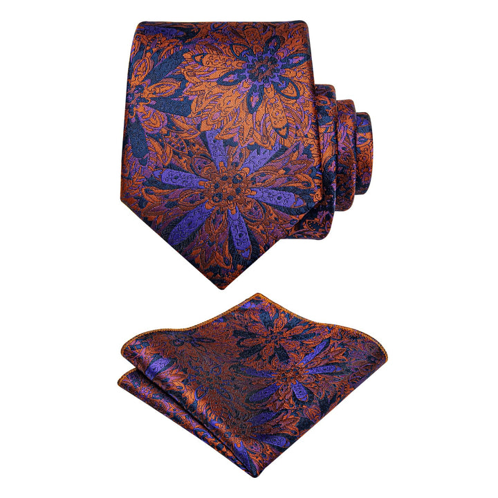 Orange Ties Purple Floral Necktie Flower Brooch Set with Clip