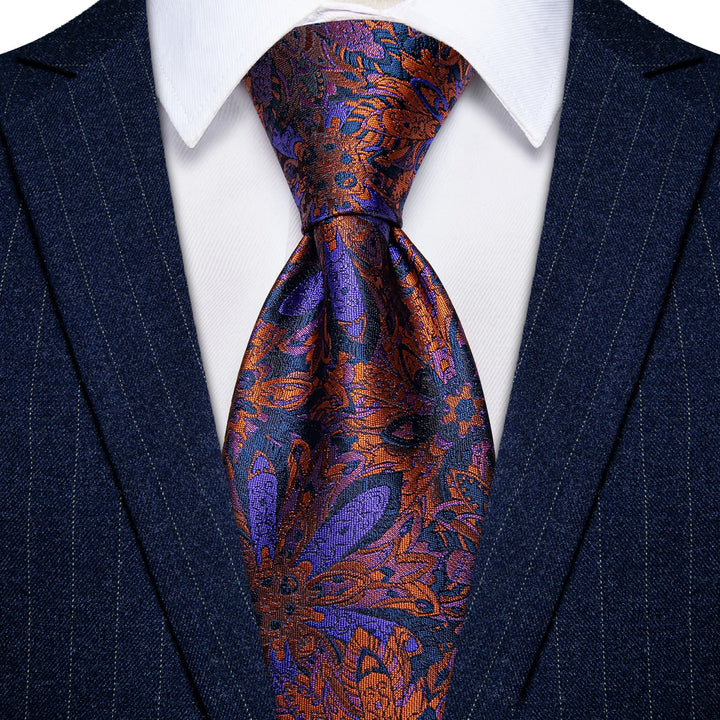 Orange Blue Purple Jacquard Floral Tie Hanky Cufflinks Set