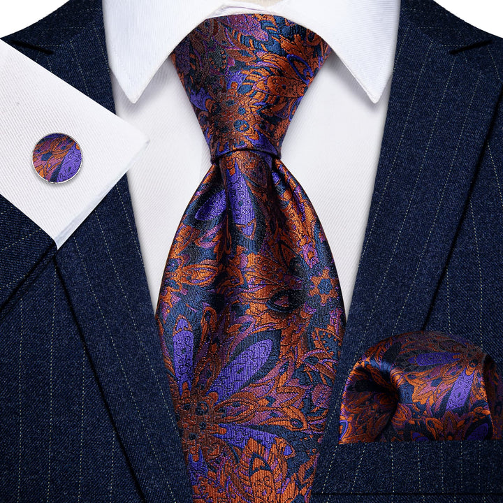 Orange Blue Purple Jacquard Floral Tie Hanky Cufflinks Set