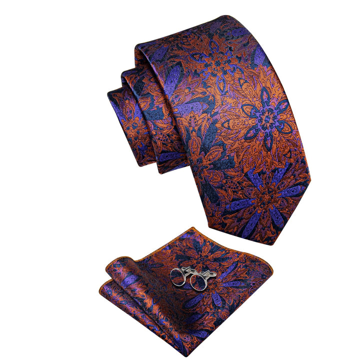 Orange Blue Purple Jacquard Floral Tie Hanky Cufflinks Set