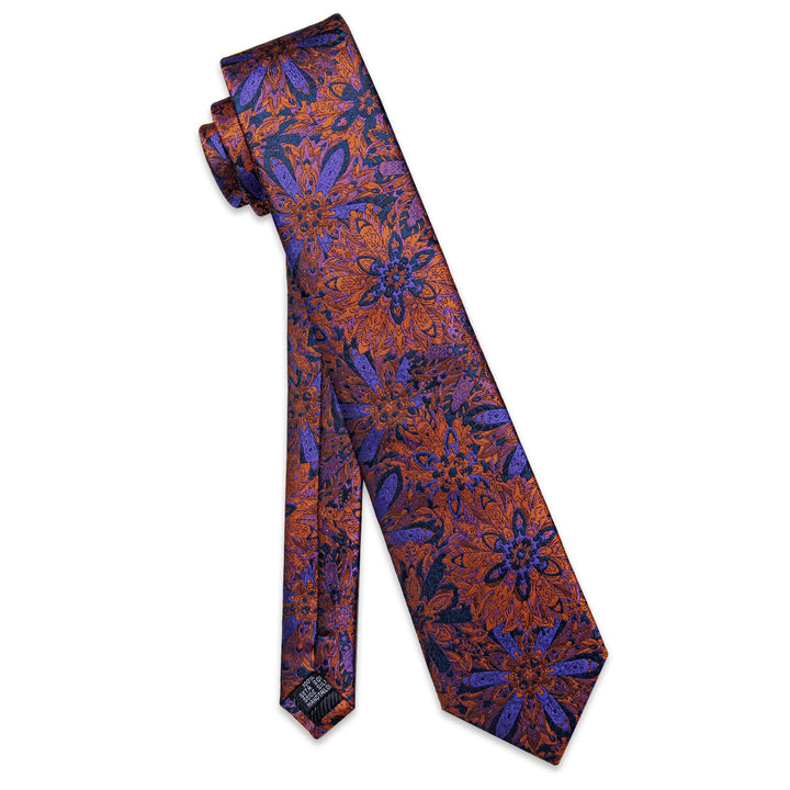 Orange Blue Purple Jacquard Floral Tie Hanky Cufflinks Set