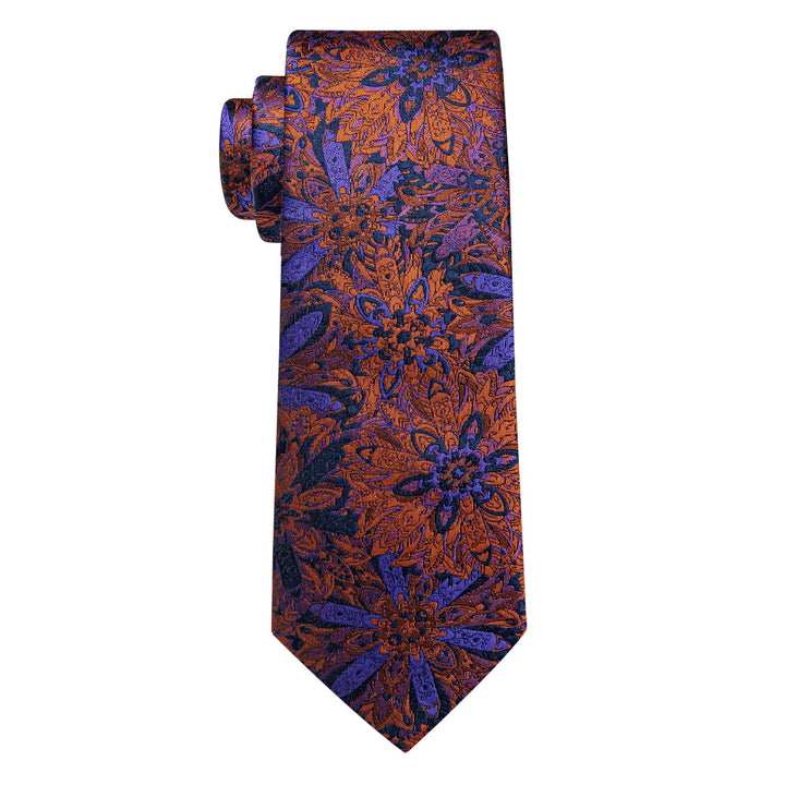 Orange Blue Purple Jacquard Floral Tie Hanky Cufflinks Set