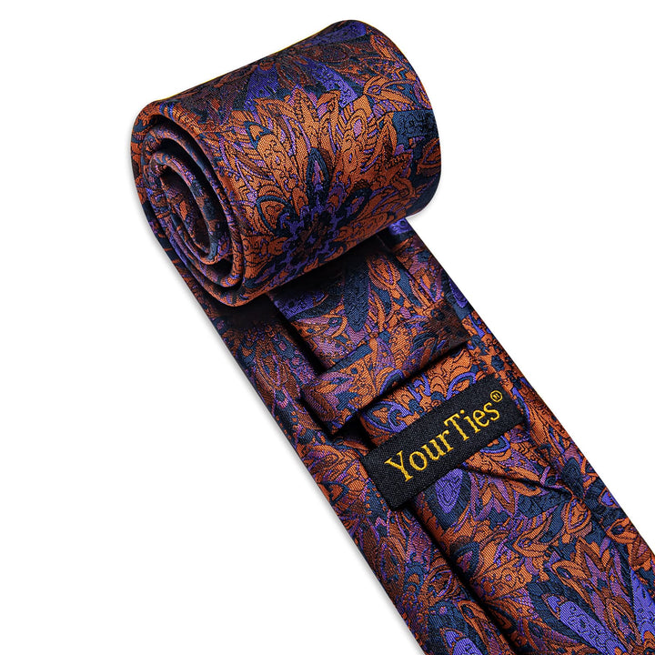 Orange Blue Purple Jacquard Floral Tie Hanky Cufflinks Set