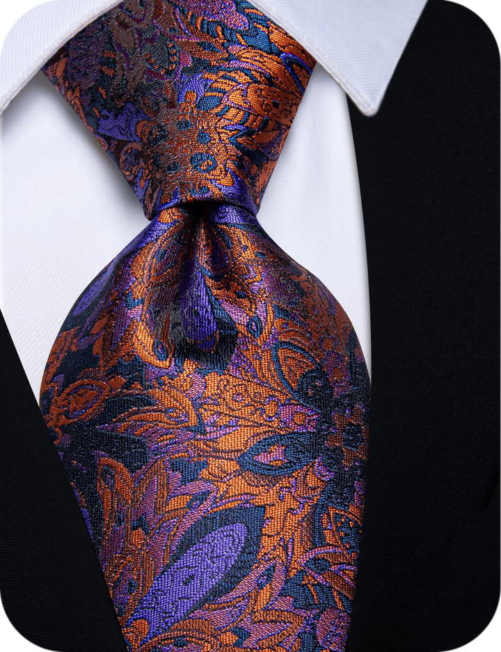 Orange Ties Purple Floral Necktie Flower Brooch Set with Clip