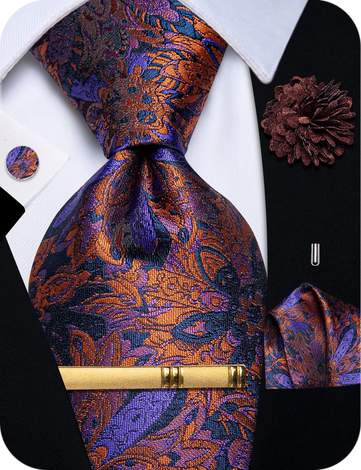 Orange Ties Purple Floral Necktie Flower Brooch Set with Clip