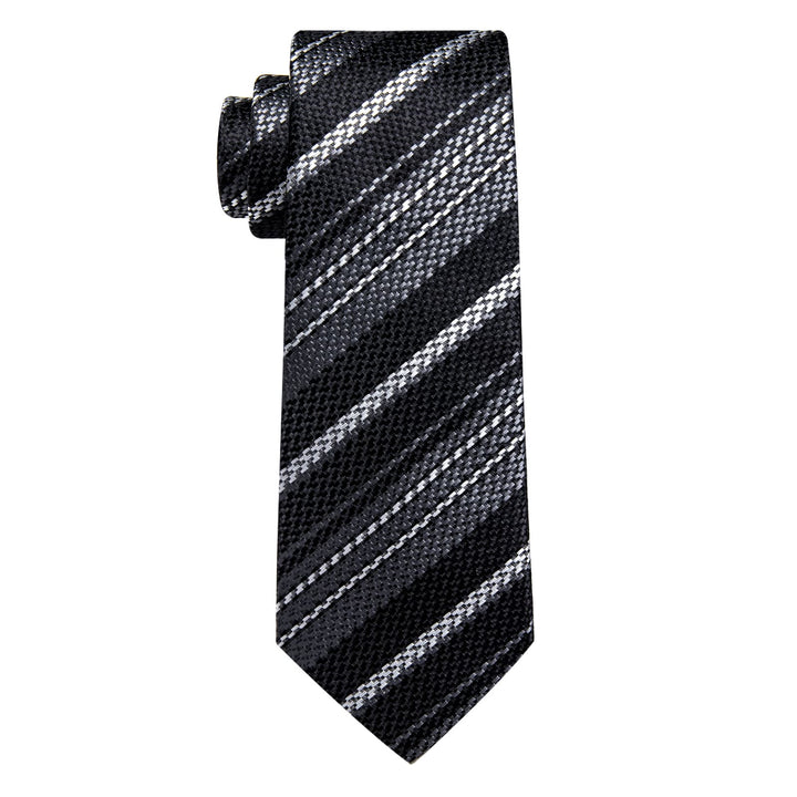 Tie Black Grey White Stripes Wedding Tie Hanky Cufflinks Set