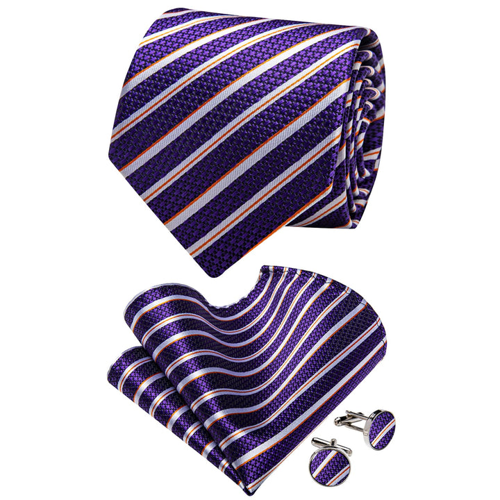  Purple Tie White Woven Striped Tie Flower Brooch Set with Clip