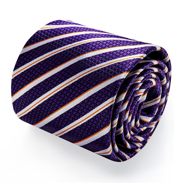  Purple Tie White Woven Striped Tie Flower Brooch Set with Clip
