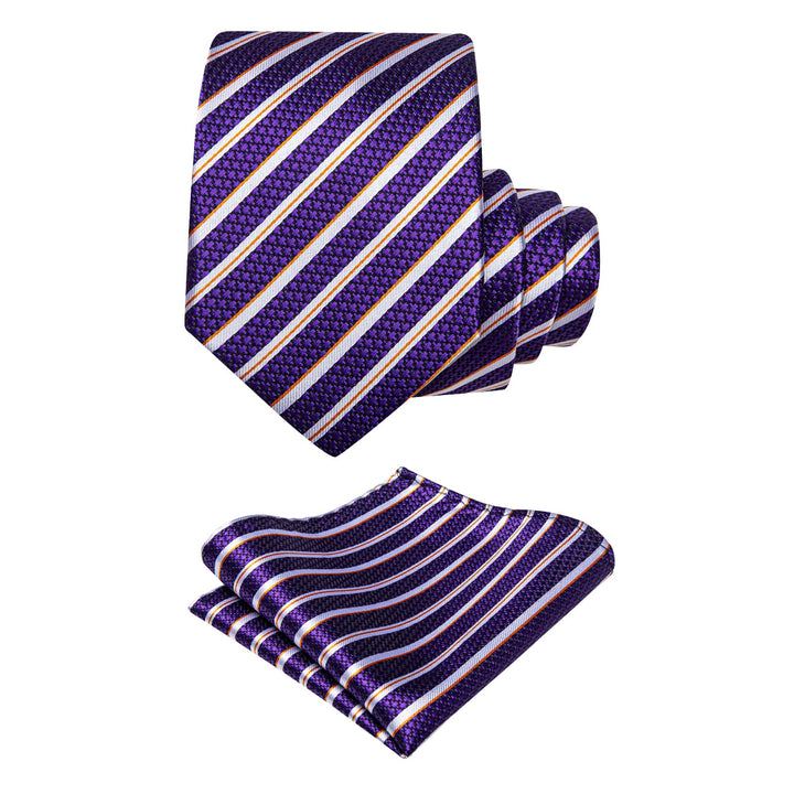  Purple Tie White Woven Striped Tie Flower Brooch Set with Clip