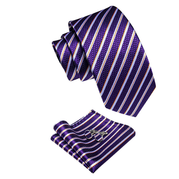  Purple Tie White Stripes Orange Line Tie Hanky Cufflinks Set