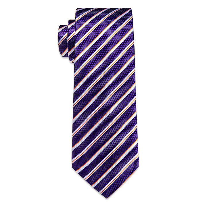  Purple Tie White Stripes Orange Line Tie Hanky Cufflinks Set