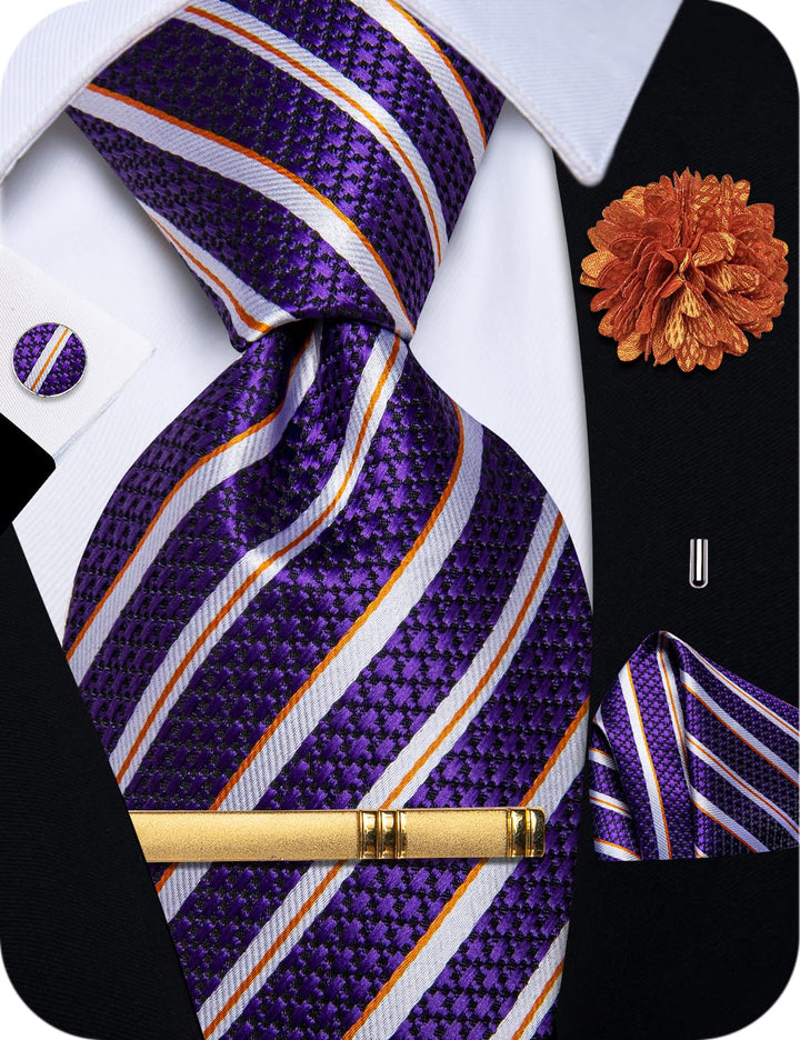  Purple Tie White Woven Striped Tie Flower Brooch Set with Clip