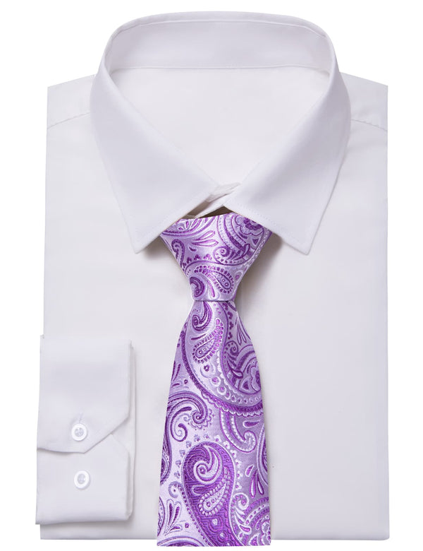 YourTies White Solid Long Sleeve Shirt with Orchid Purple Paisley Silk Tie for Men