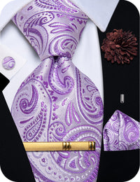  Lavender Purple Tie Paisley Tie Flower Brooch Set with Clip