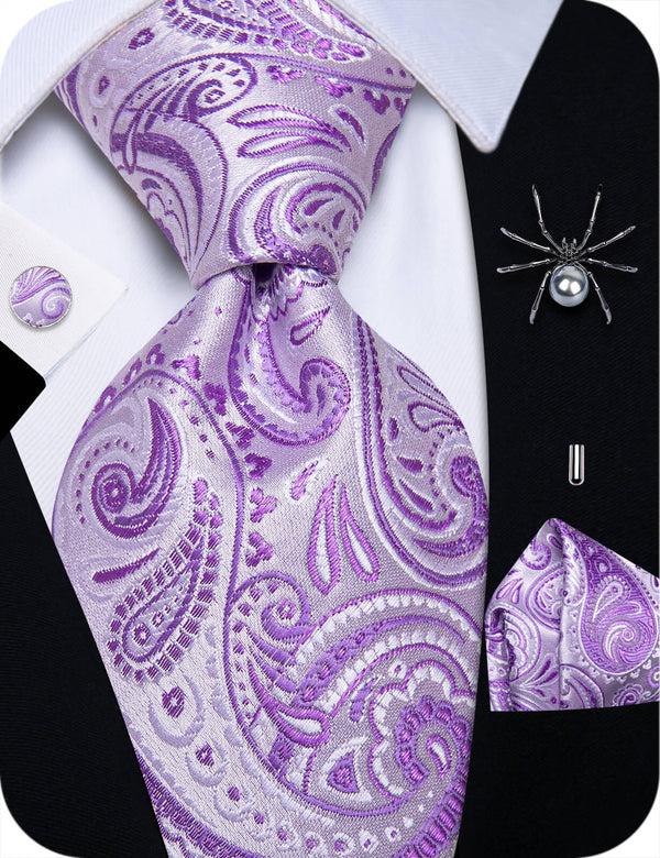 YourTies Halloween Lavender Purple Tie Paisley Tie Flower Brooch Set