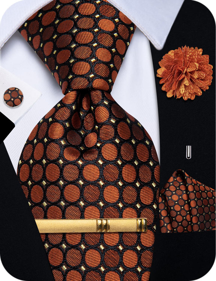  Burnt Orange Black Men's NeckTie Flower Brooch Set with Clip