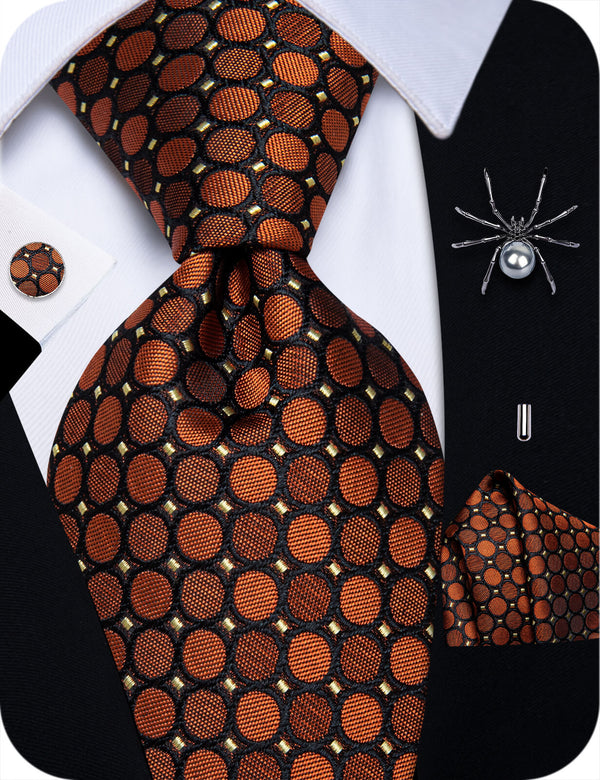 YourTies Halloween Burnt Orange Black Men's NeckTie Flower Brooch Set