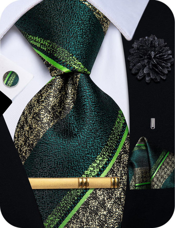 Wedding Necktie Dark Green Mens Tie Set with Clip and Brooch