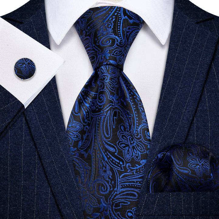 Black Necktie Dark Blue Jacquard Necktie Hanky Cufflinks Set