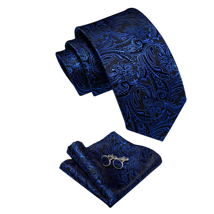 Black Necktie Dark Blue Jacquard Necktie Hanky Cufflinks Set