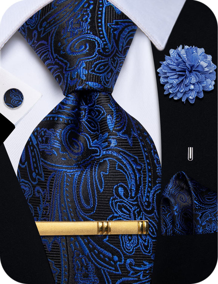  Wedding Necktie Royal Blue Mens Tie Set with Clip and Brooch