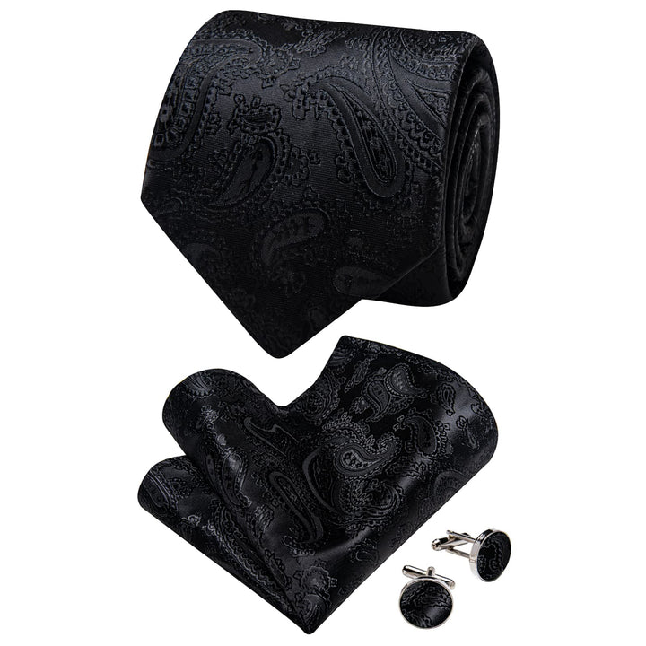 Wedding Necktie Black Paisley Men Tie Set with Clip and Brooch