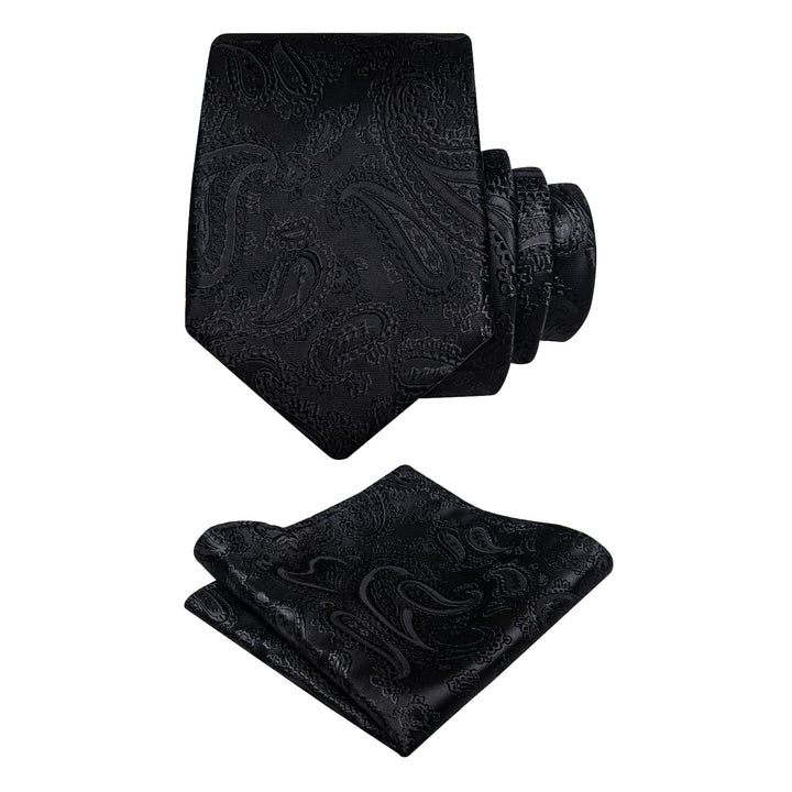 Wedding Necktie Black Paisley Men Tie Set with Clip and Brooch