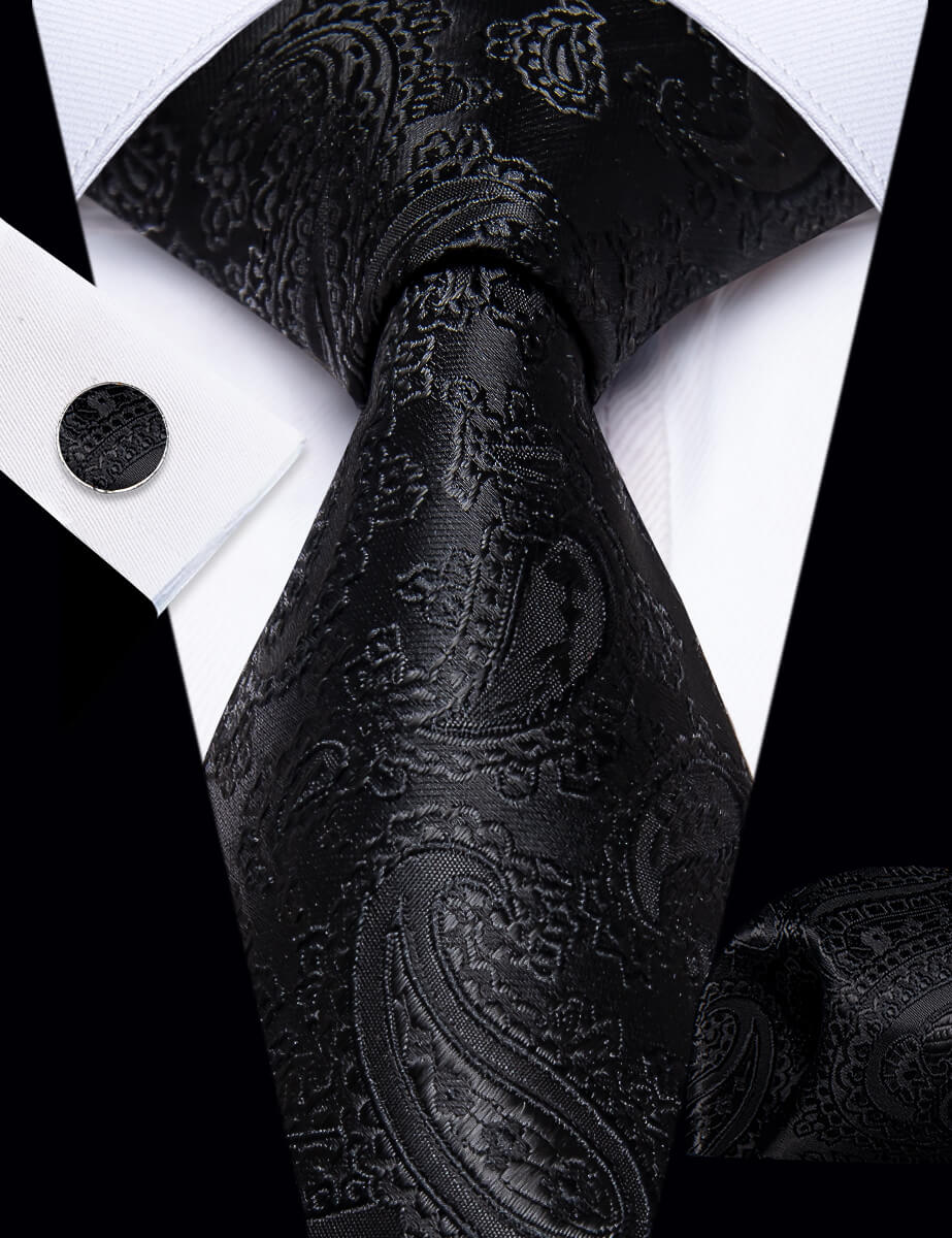 YourTies Black Ties Paisley Jacquard Wedding Tie Hanky Cufflinks Set