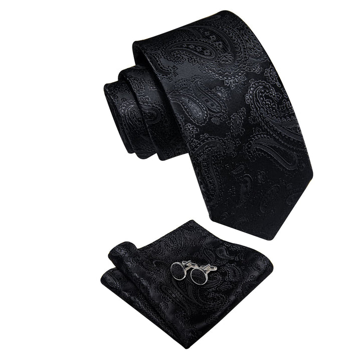 Black Ties Paisley Jacquard Wedding Tie Hanky Cufflinks Set