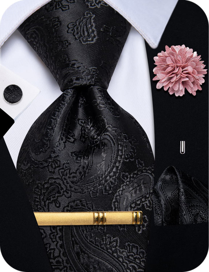 Wedding Necktie Black Paisley Men Tie Set with Clip and Brooch