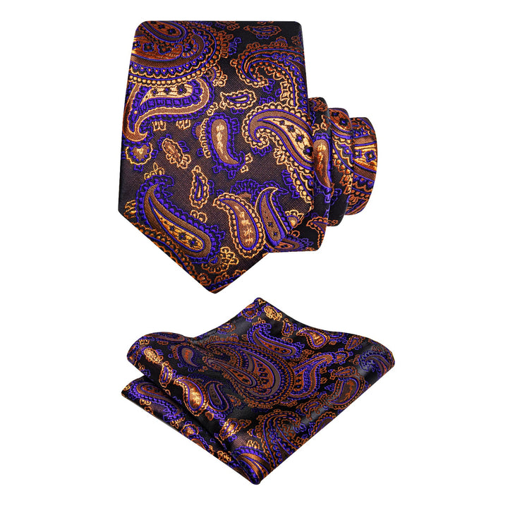 Wedding Necktie Orange Purple Tie Set with Clip and Brooch