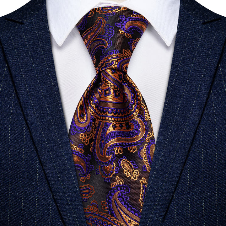 Brown Tie Orange Purple Paisley Men's Tie Hanky Cufflinks Set