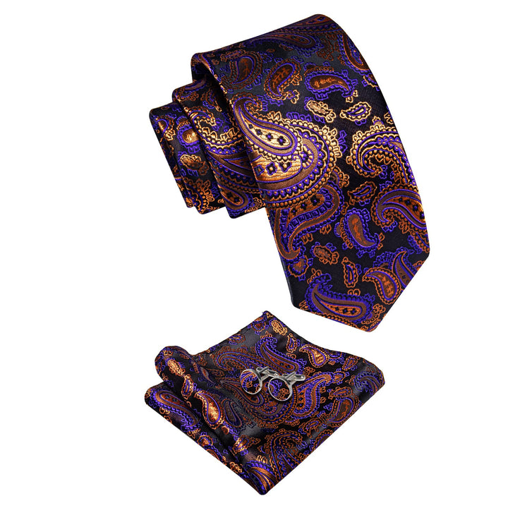  Brown Tie Orange Purple Paisley Men's Tie Hanky Cufflinks Set