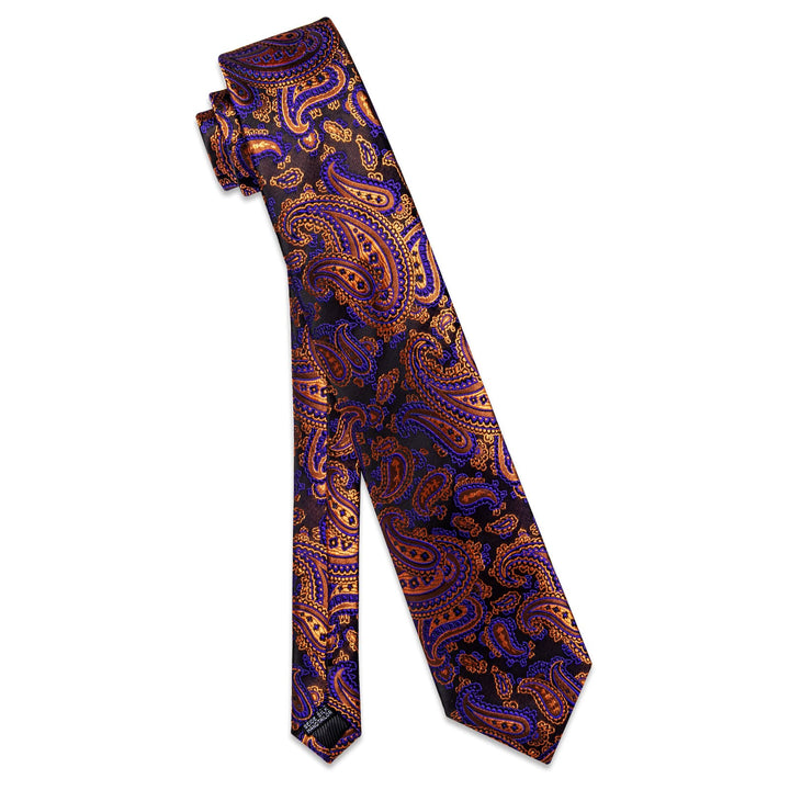  Brown Tie Orange Purple Paisley Men's Tie Hanky Cufflinks Set