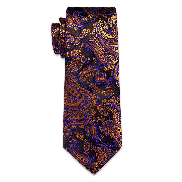  Brown Tie Orange Purple Paisley Men's Tie Hanky Cufflinks Set