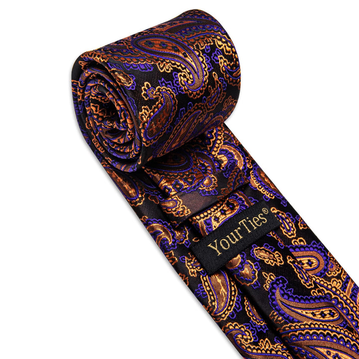  Brown Tie Orange Purple Paisley Men's Tie Hanky Cufflinks Set