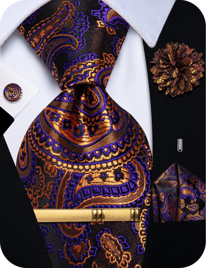  Wedding Necktie Orange Purple Tie Set with Clip and Brooch