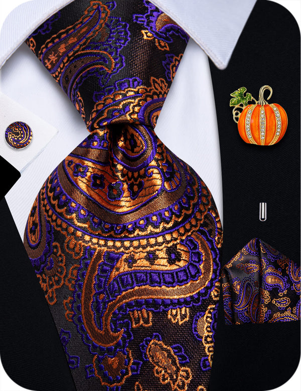 YourTies Halloween Wedding Necktie Orange Purple Tie Set and Brooch