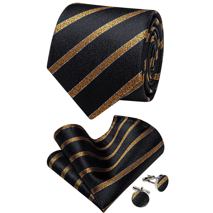  Black Ties Gold Jacquard Striped Wedding Necktie Set for Men