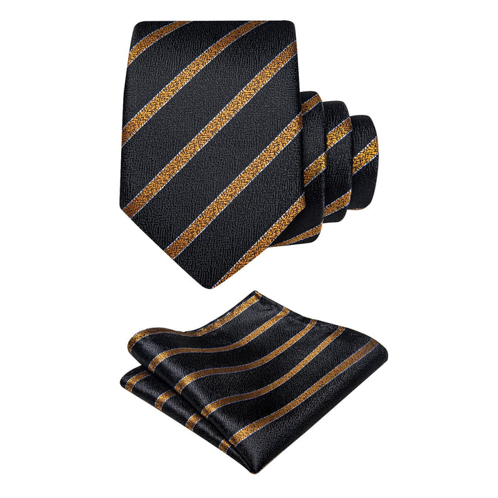  Black Ties Gold Jacquard Striped Wedding Necktie Set for Men