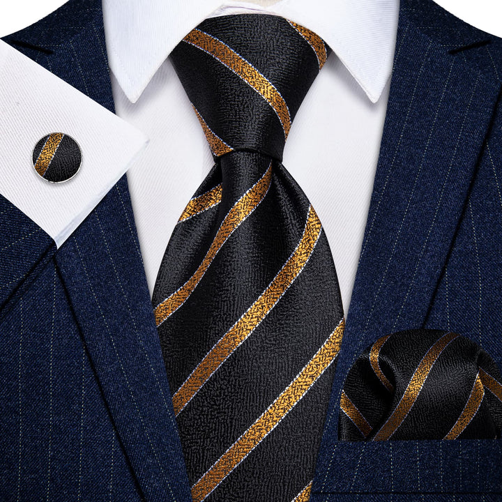  Black Necktie Gold Stripes Men's Tie Hanky Cufflinks Set