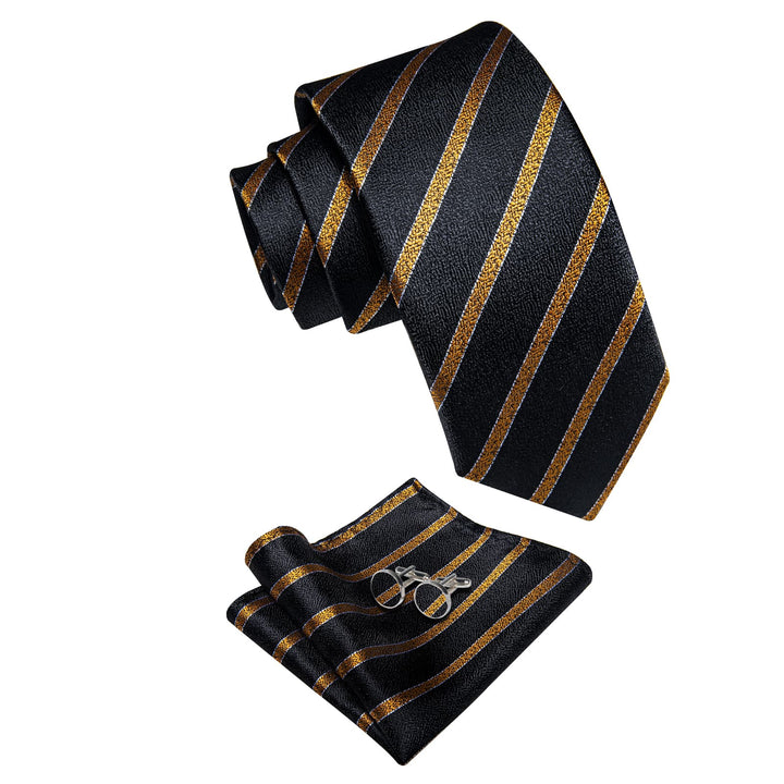  Black Necktie Gold Stripes Men's Tie Hanky Cufflinks Set