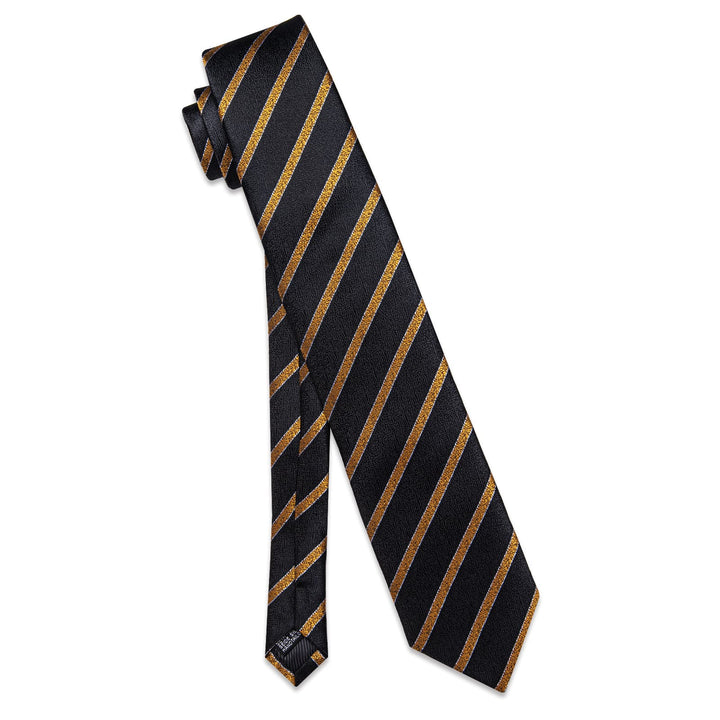  Black Necktie Gold Stripes Men's Tie Hanky Cufflinks Set