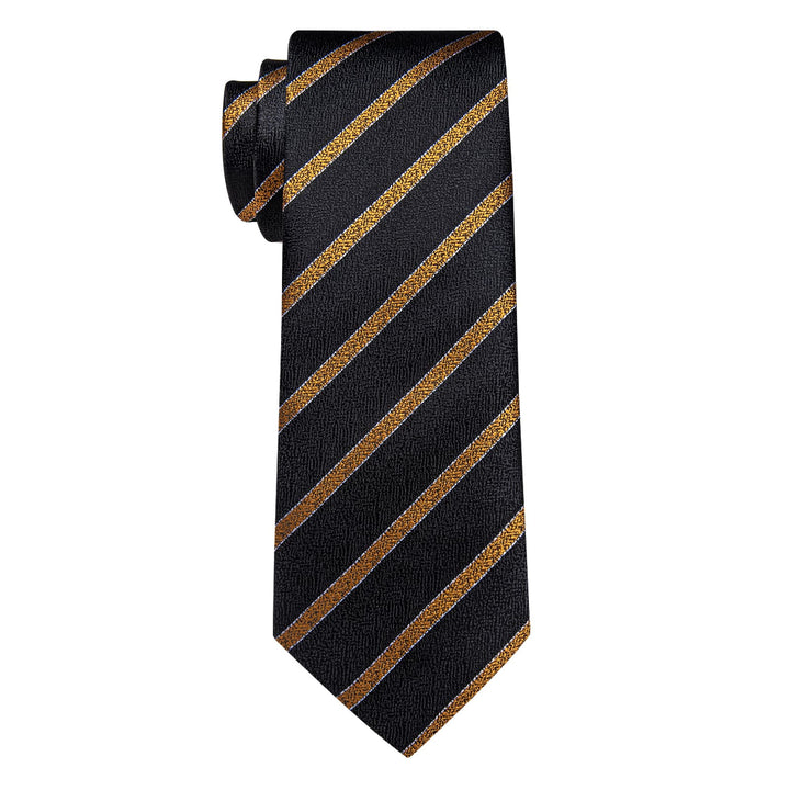  Black Necktie Gold Stripes Men's Tie Hanky Cufflinks Set