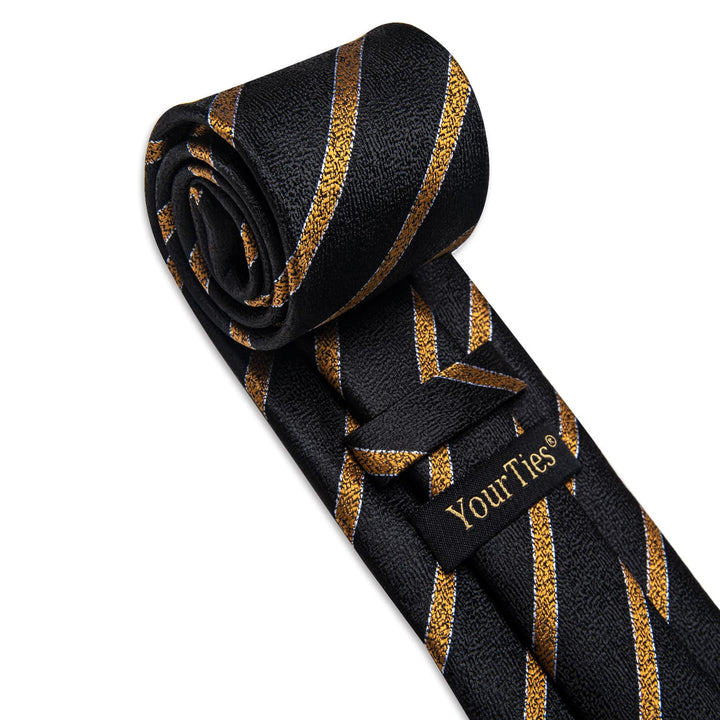  Black Necktie Gold Stripes Men's Tie Hanky Cufflinks Set