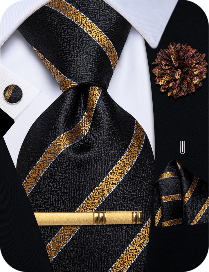 Black Ties Gold Jacquard Striped Wedding Necktie Set for Men